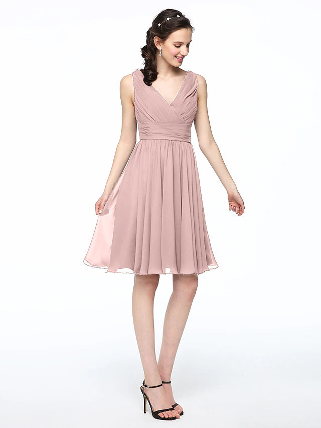 Luolandi A-Line Bridesmaid Dress V Neck Sleeveless Elegant Short / Mini Chiffon with Pleats Pure Color